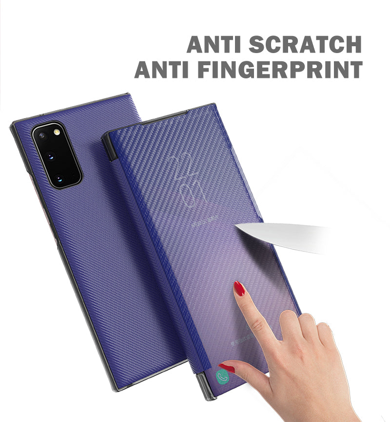 Translucent Anti-Fingerprint Folio Flip Carbon Fiber Hard PC Kickstand Case for Samsung Galaxy S20 4G/S20 5G - Yellow Translucent Anti-Fingerprint Folio Flip Carbon Fiber Hard PC Kickstand Case for Samsung Galaxy S20 4G/S20 5G - Yellow
